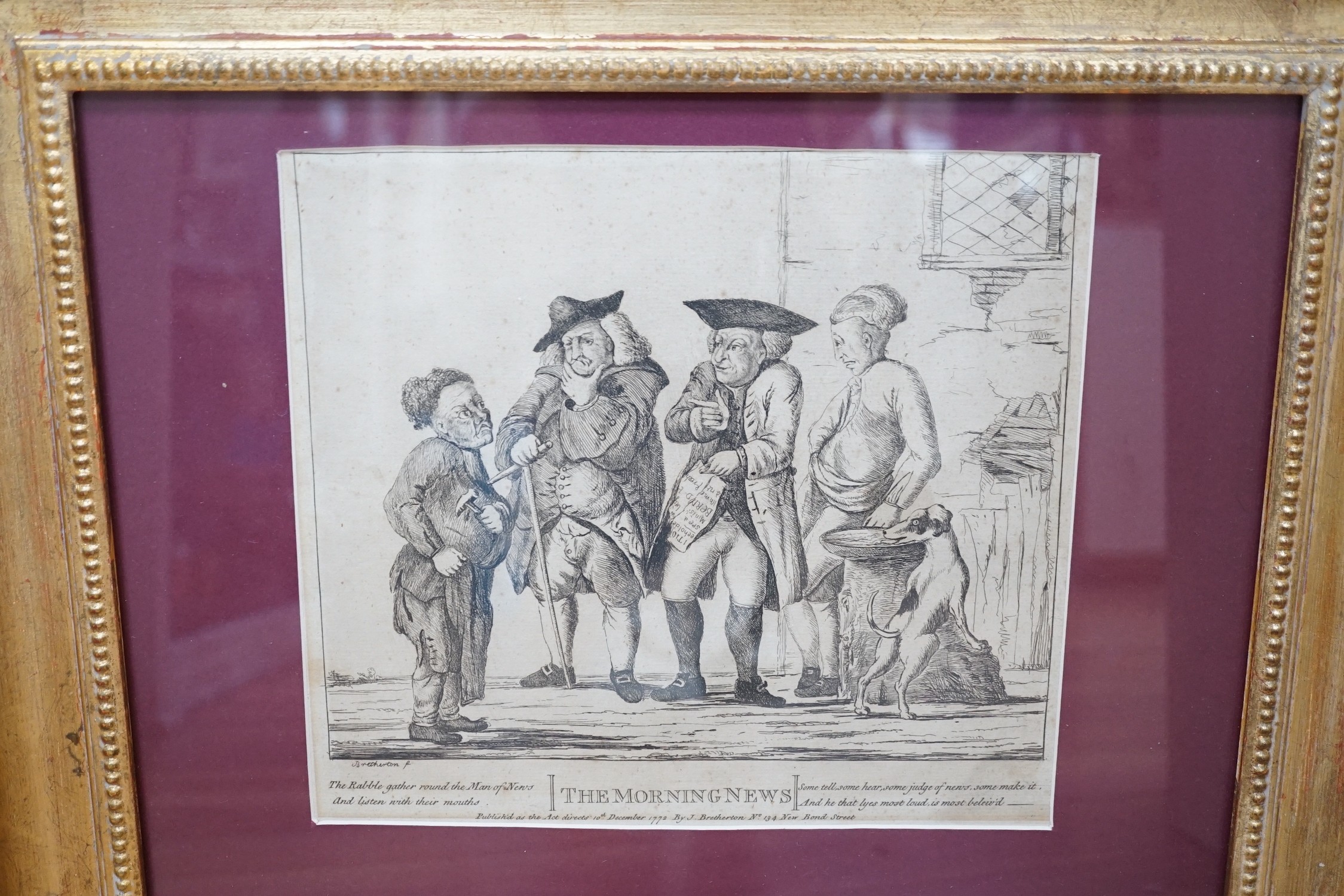 Six assorted 18th century and later printed caricatures including The Morning News by H W Bunbury, 23 x 25cm